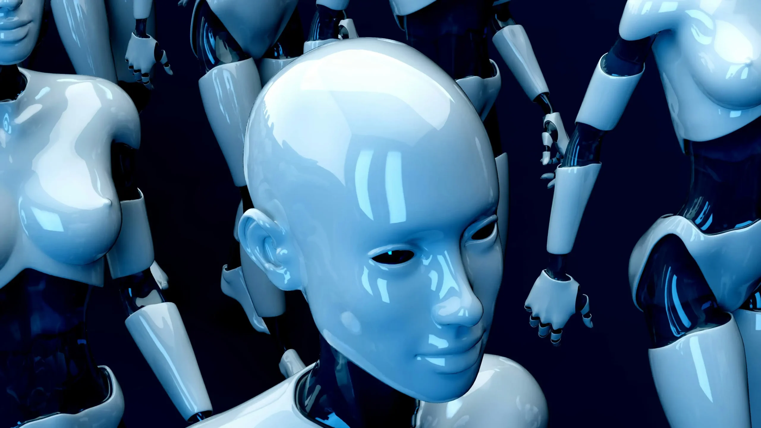 Zdjęcie przedstawia roboty stojące w szyku w hali.