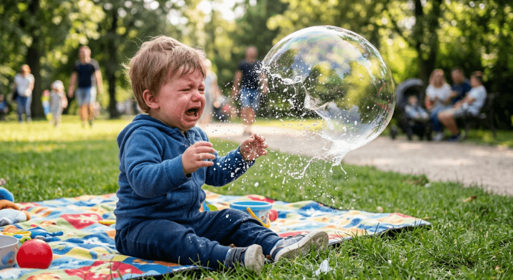Dziecko płacze na kocyku w parku, bo pęka przed nim wielka bańka mydlana
