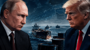 Putin i Trump patrzą na siebie na tle floty cieni na Bałtyku