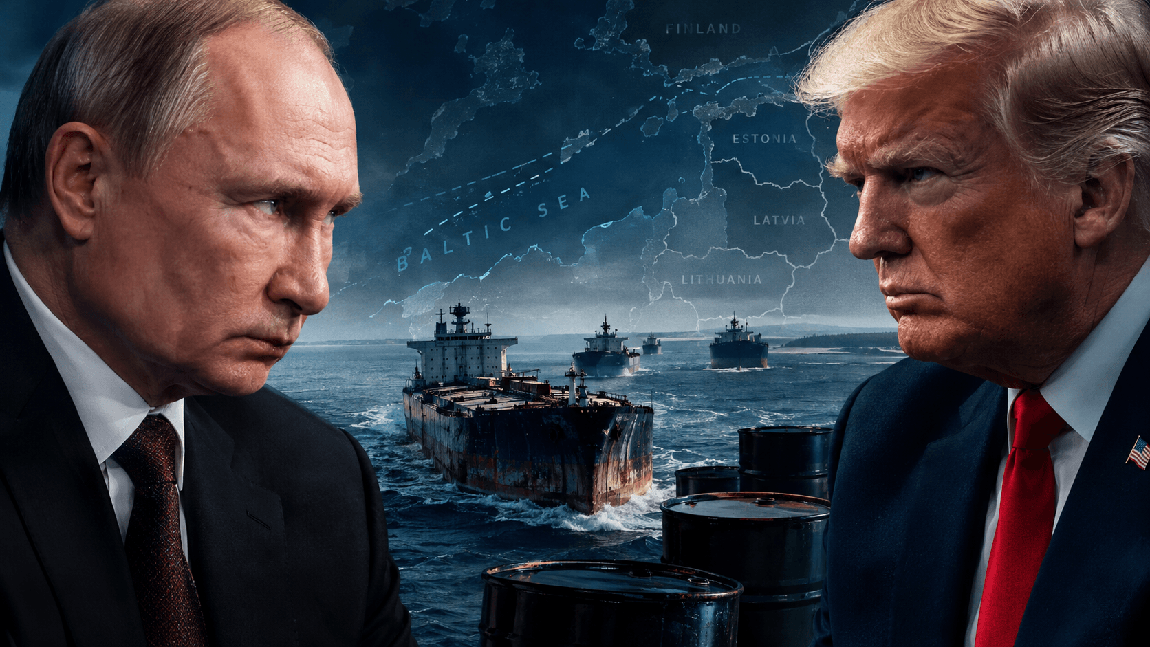 Putin i Trump patrzą na siebie na tle floty cieni na Bałtyku